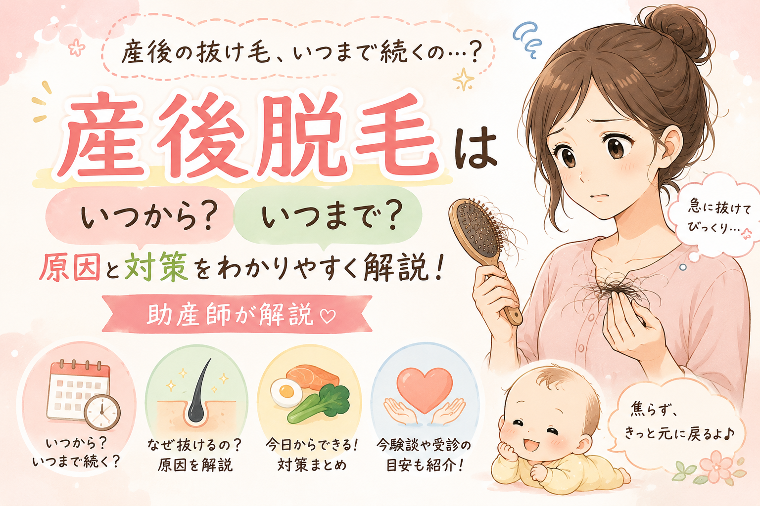 産後脱毛はいつから？いつまで？原因と対策【助産師が解説】