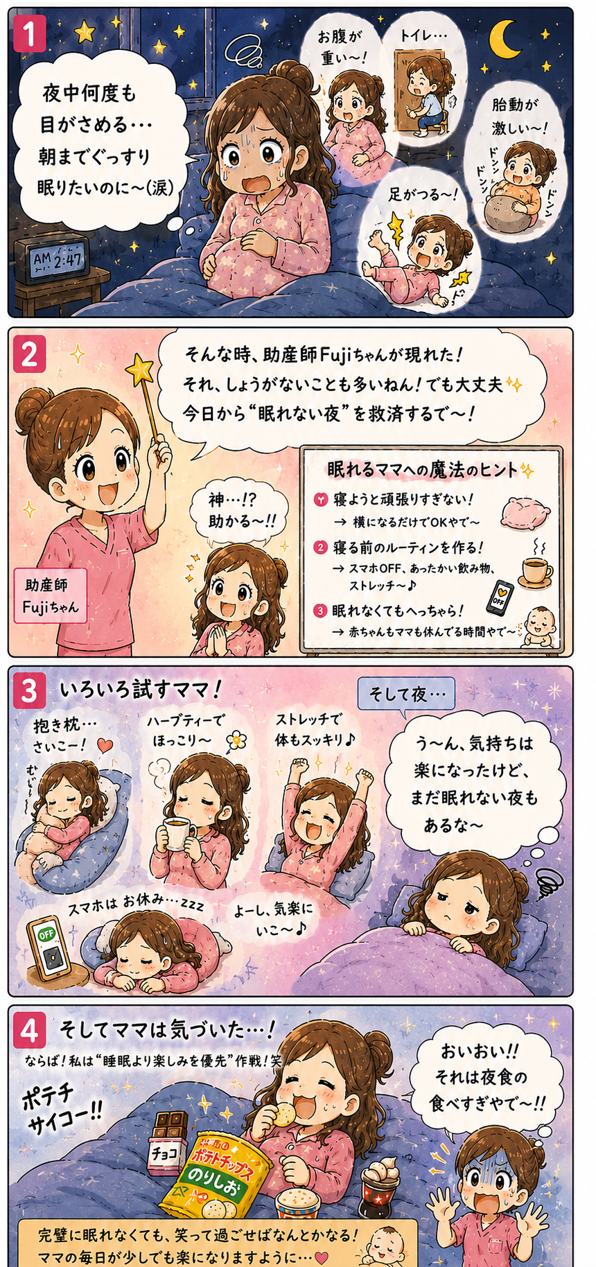 妊娠中に眠れない…時期別の原因と対処法 4コマ漫画