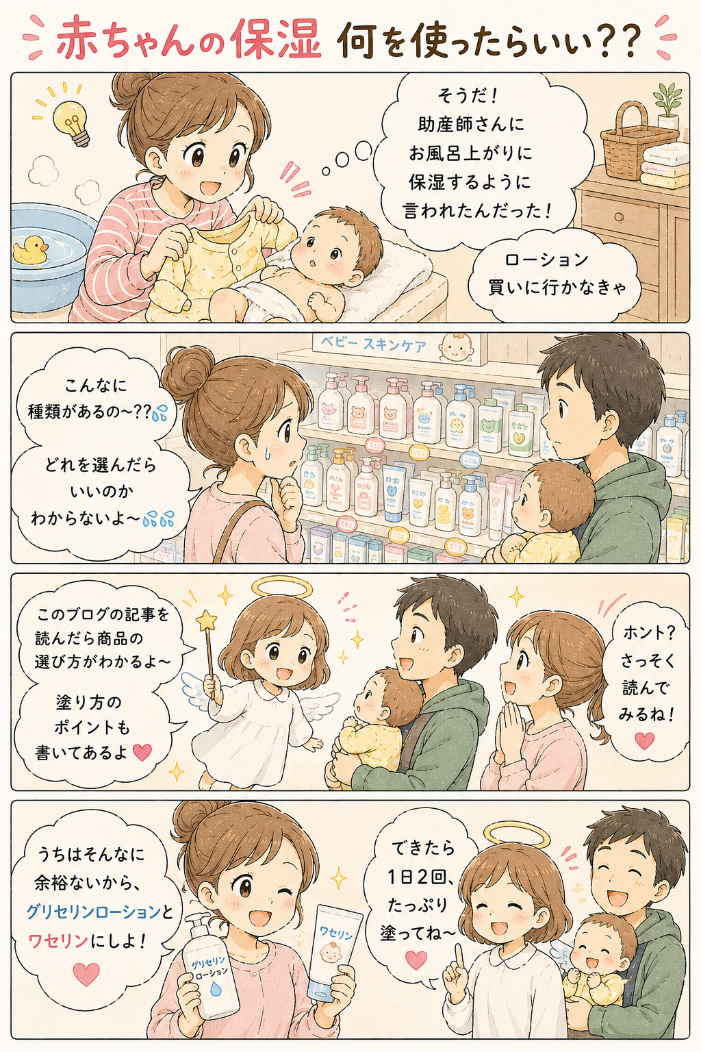 赤ちゃんの保湿 何を使ったらいい?4コマ漫画