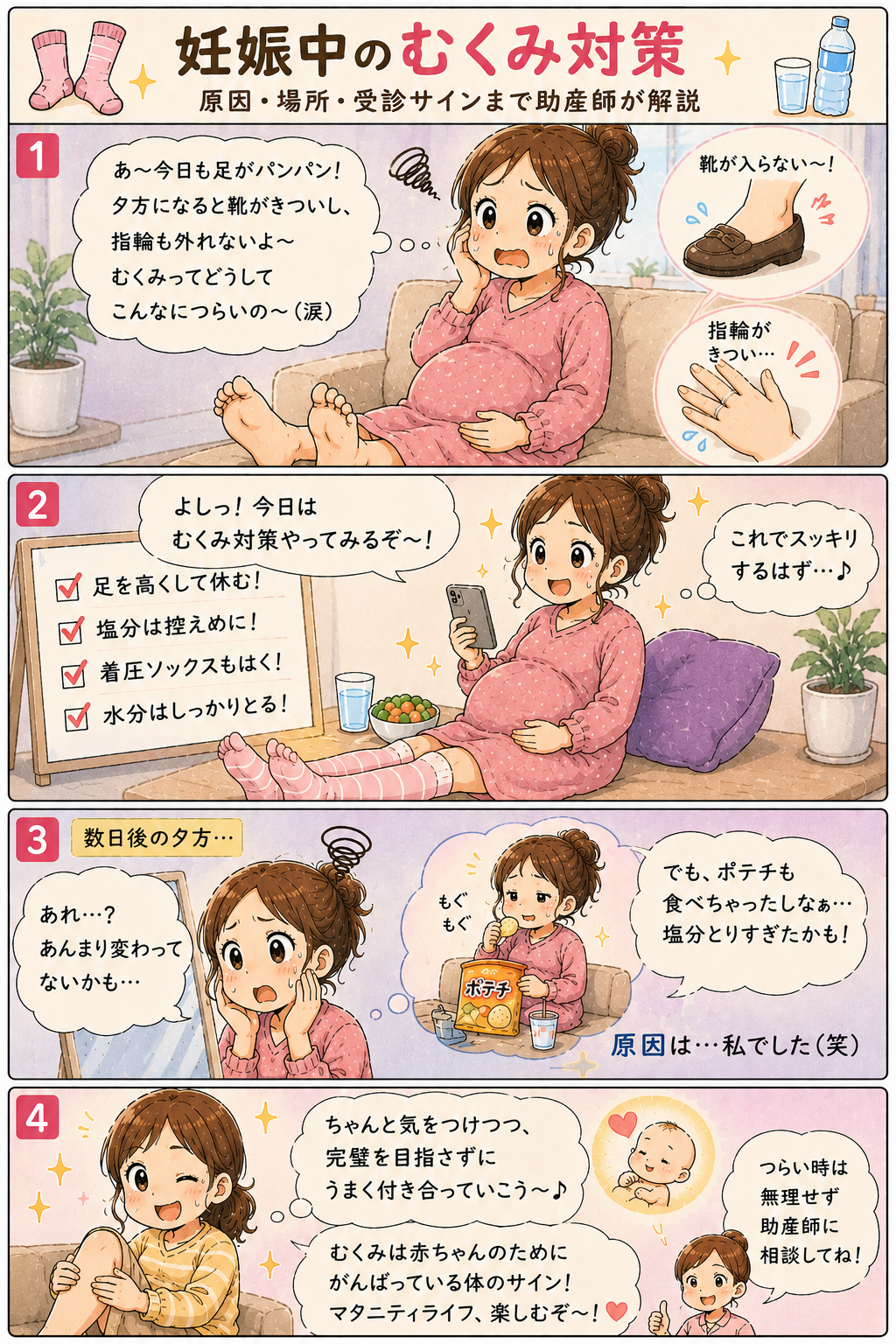 妊娠中のむくみ対策 4コマ漫画