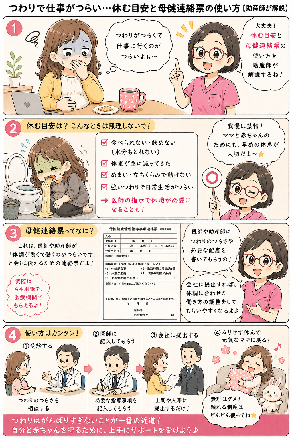 つわりで仕事がつらい・母健連絡カードの使い方 4コマ漫画