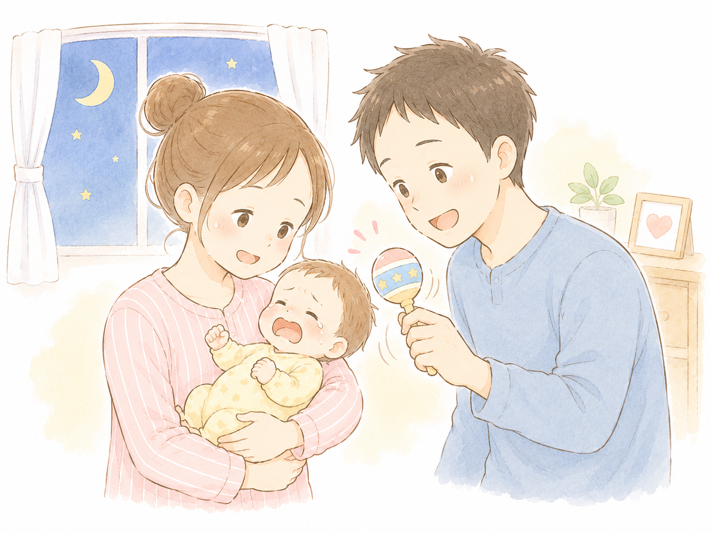 パパとママが笑顔で赤ちゃんをあやしているイラスト