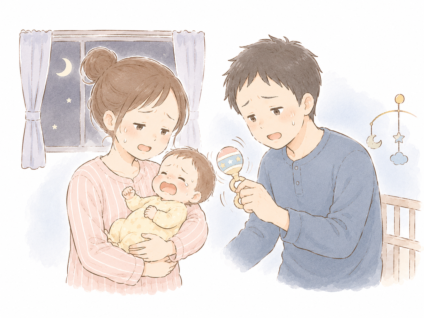 夜泣きで疲れたパパとママが赤ちゃんをあやしているイラスト