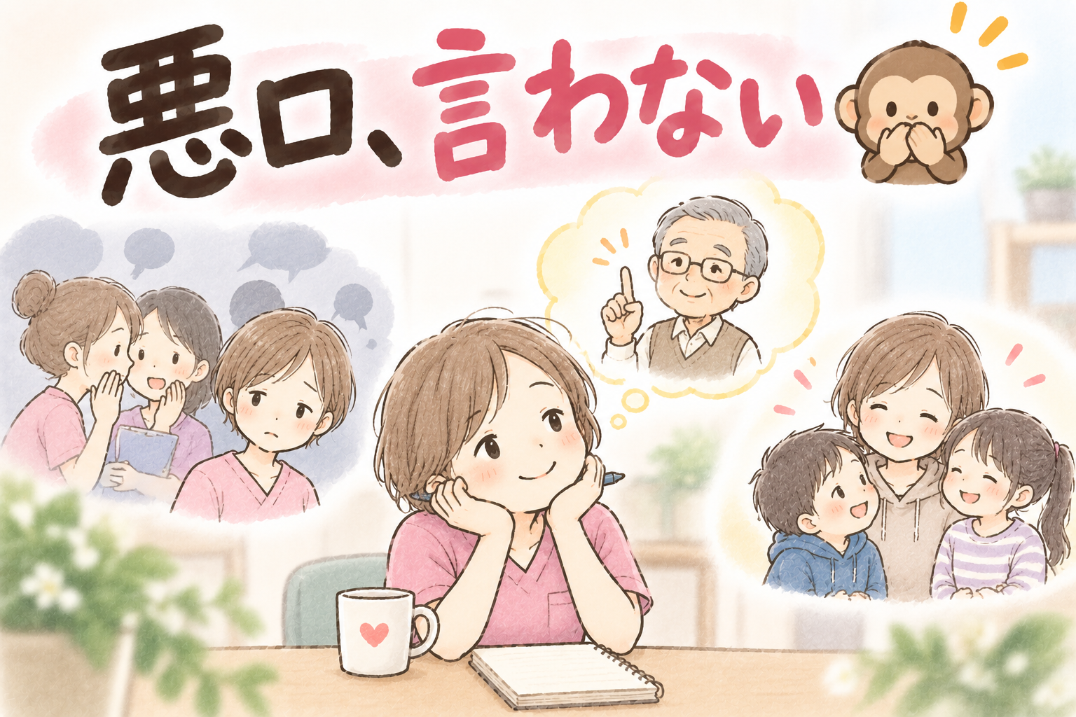 悪口を言う人たちと、悪口を言わないと決めた母親と子どもたちのイラスト