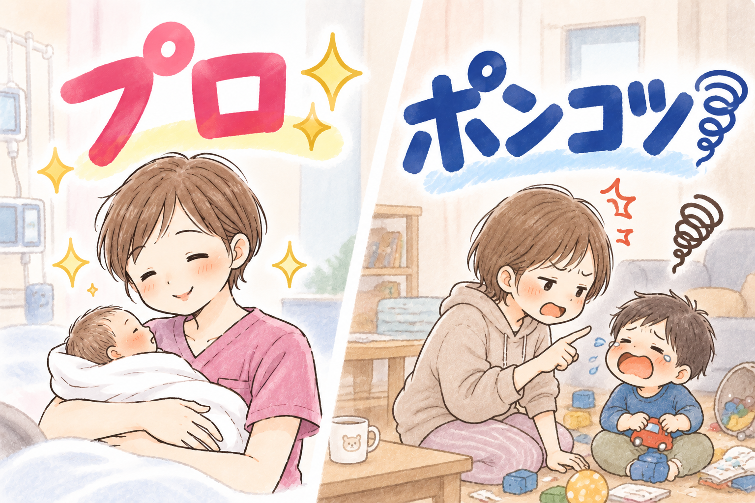 職場では赤ちゃんを抱いて笑顔の助産師、家では子どもに怒っている同じ人物のイラスト